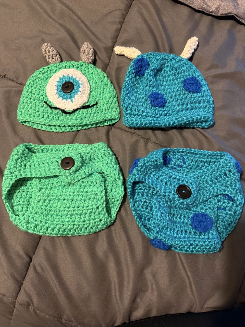 Handmade Kids Crochet Monster Hat & Diaper Cover Set - Green and Teal